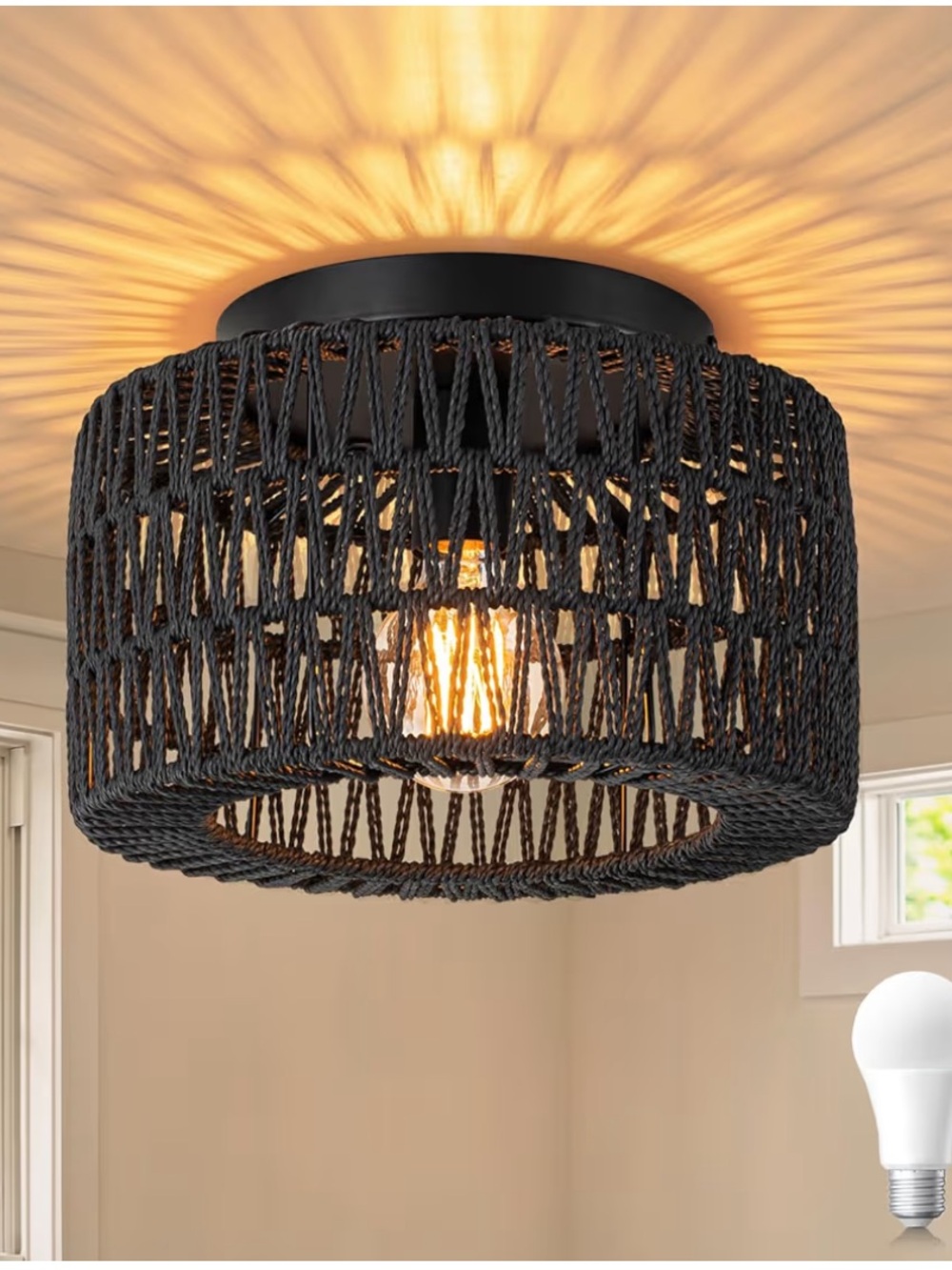SineRise Black Rattan Ceiling Light Boho Farmhouse Flush Mount Fixture
